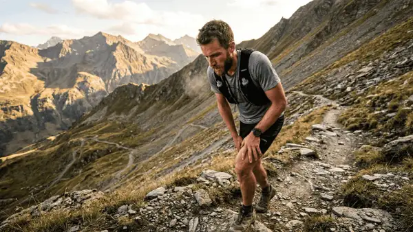 Patrick Bohard, un traileur, s'arrête sur un sentier rocailleux de montagne, le souffle court, le regard perdu dans les sommets.