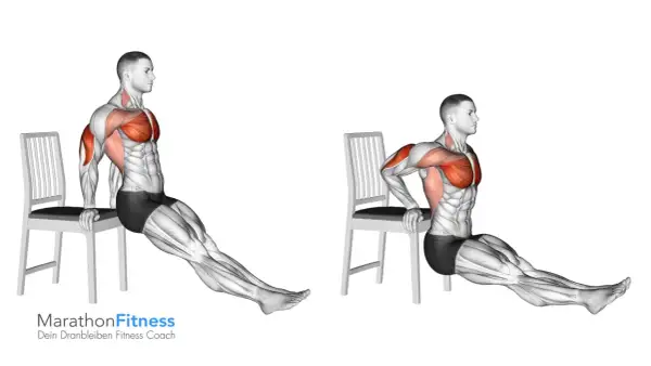 Mann macht Dips-Workout an einem Stuhl, um Brust und Trizeps zu trainieren.