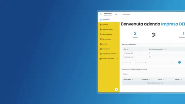 Dashboard aziendale con sezioni per la gestione dei siti, risorse e documenti. Utile per il pos sicurezza sul lavoro.