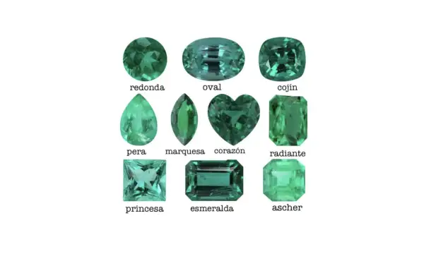 Nueve gemas verdes, cada una con una forma distinta: redonda, oval, cojín, pera, marquesa, corazón, radiante, princesa y ascher. La forma de la esmeralda varía, mostrando su versatilidad.