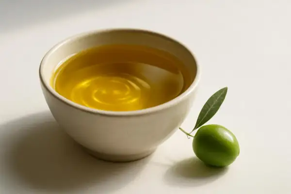 Una ciotola di olio dorato, con un'oliva verde e una foglia accanto. L'olio oleico, significato di purezza e salute.