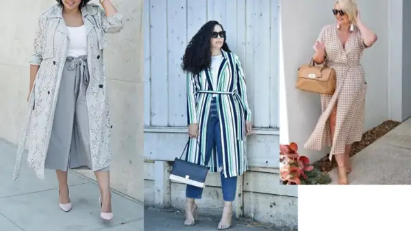 Trzy kobiety plus size prezentują stylowe kreacje: w koronkowym trenczu, w pasiastym kardiganie i w sukience w kratę.