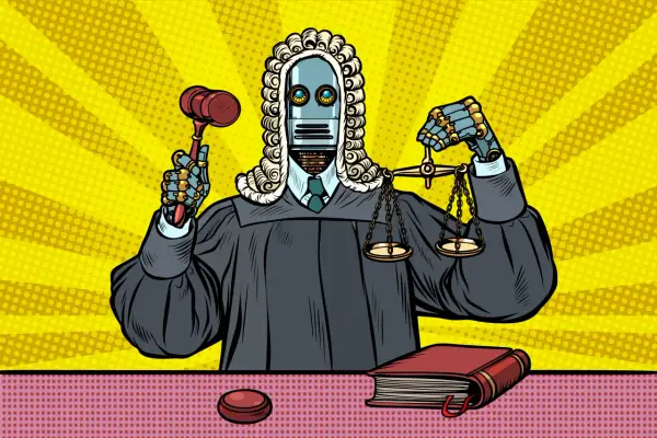 A robot judge, a symbol of ai in art, holds a gavel and scales of justice.