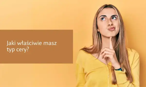 Młoda kobieta zastanawia się nad pytaniem "Jaki właściwie masz typ cery?". Może to początek testu na typ cery.