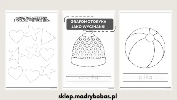 Zestaw ćwiczeń grafomotorycznych do wycinania po śladzie: serca, gwiazdki, trójkąt, czapka i piłka.