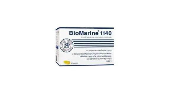 Opakowanie suplementu diety BioMarine 1140, zawierające 60 kapsułek. Produkt przeznaczony do postępowania dietetycznego w zaburzeniach fizjologicznej budowy i działania układów odpornościowego, krwionośnego, limfatycznego i skóry.