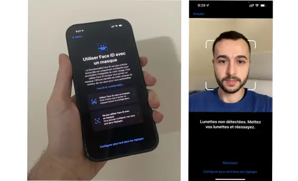 Configuration de Face ID sur iPhone 11 avec ou sans masque. L'écran affiche un homme tentant de configurer ses lunettes.