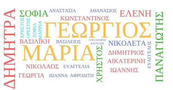 Szukasz greckich imion dla psa? Na obrazku znajdziesz wiele popularnych greckich imion, takich jak Georgios, Maria, Sofia, czy Panagiotis.
