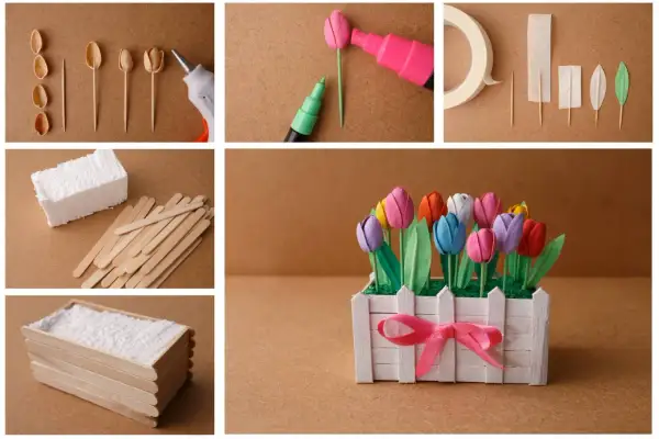 Creazione di un vaso di tulipani colorati con bastoncini di legno e pistacchi. Lavoretti utili per la casa, perfetti per decorare.