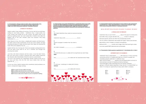 Ćwiczenia z angielskiego na poziomie egzaminu ósmoklasisty, dotyczące Walentynek i relacji.