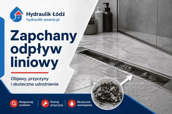 Zapchany odpływ liniowy, pełen włosów i zanieczyszczeń, powoduje nieprzyjemny smród. Hydraulik Łódź oferuje skuteczne udrożnienie.