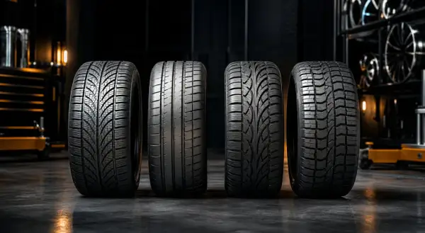 Quatre pneus neufs alignés. Le pneu Kumho, au centre, présente un profil agressif, prêt à affronter tout problème.