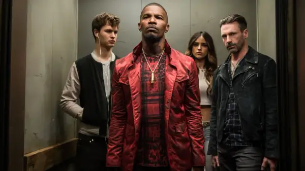 Jamie Foxx, Ansel Elgort, Eiza González och Jon Hamm i en hiss. Rollistan i Baby Driver ser ut att vara redo för action.