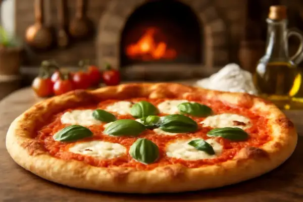 Une délicieuse pizza italienne, garnie de mozzarella fondante et de basilic frais, sort du four à bois.