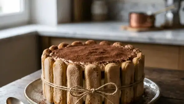 Un délicieux gâteau Charlotte Tiramisu, orné de biscuits à la cuillère et saupoudré de cacao.