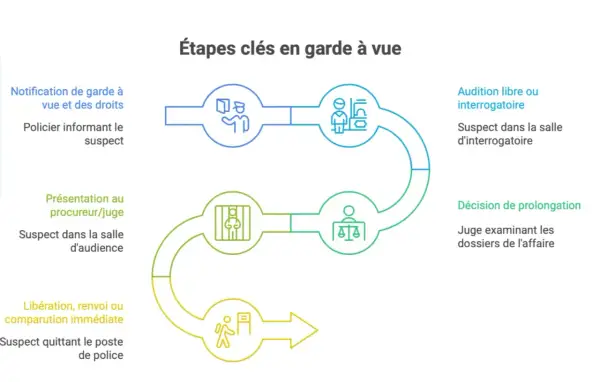 Schéma des étapes clés en garde à vue : notification des droits, interrogatoire, présentation au juge, décision et libération.