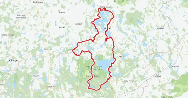 Trasa rowerowa wokół jezior, przez Mazurski Park Krajobrazowy, z Węgorzewa do Rucianej-Nidy.
