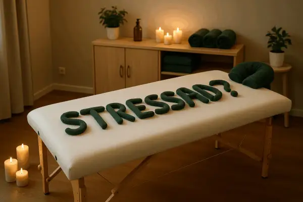 En massagebänk med bokstäver som bildar "STRESSED?". Ljus och handdukar skapar en lugn atmosfär, perfekt för att uppnå ingen stress.