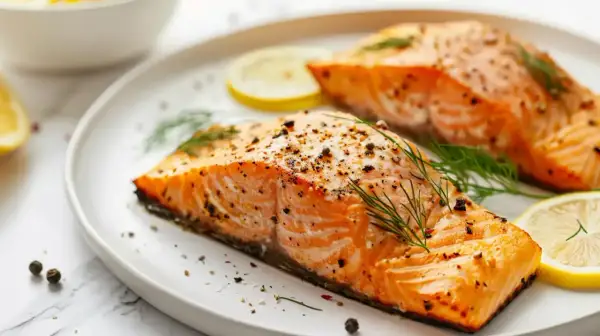 Deux pavés de saumon au four, assaisonnés de poivre et d'aneth, servis avec des rondelles de citron.