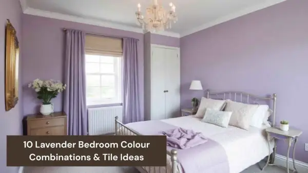 A serene bedroom featuring various lavender color shades on the walls, curtains, and bedding. A crystal chandelier hangs above.