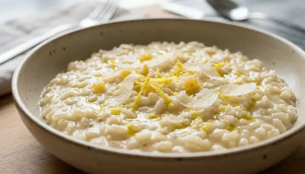 Un cremoso risotto al limone, guarnito con scorza di limone e scaglie di parmigiano, servito in una ciotola rustica.