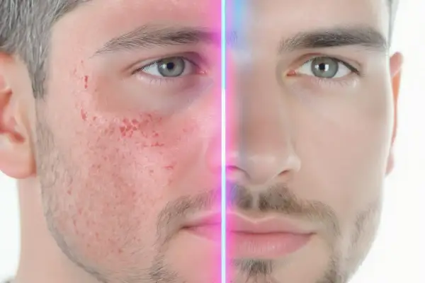 Visage d'homme divisé : peau rouge et acnéique à gauche, peau nette à droite. Un gommage avant ou après rasage peut transformer votre peau.