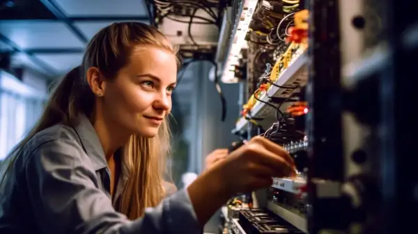 Junge Frau mit techniker zertifikat arbeitet an Servern.