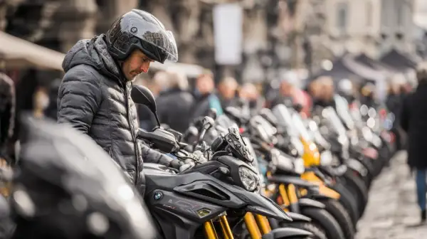 Mężczyzna w kasku ogląda lekki motocykl. W tle rząd innych motocykli i ludzi.