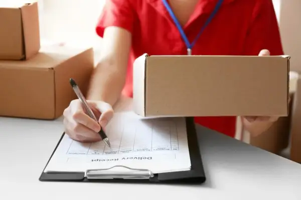 Kurier trzyma paczkę, a ręka z długopisem podpisuje dokument "Delivery Receipt". Paczka wydana do doręczenia.
