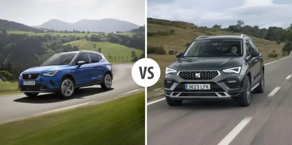 Niebieski i szary Seat SUV jadące po krętych drogach.