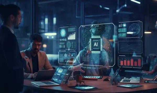 Inżynierowie analizują dane AI na futurystycznych ekranach.