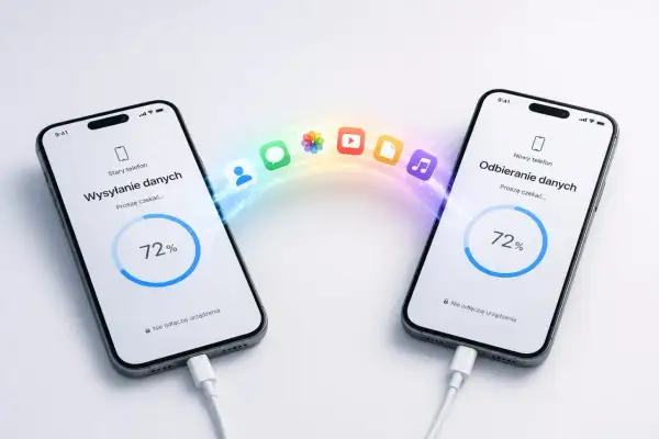 Przenoszenie z Androida na iOS: dane z jednego telefonu płyną tęczowym strumieniem do drugiego, pokazując postęp 72%.