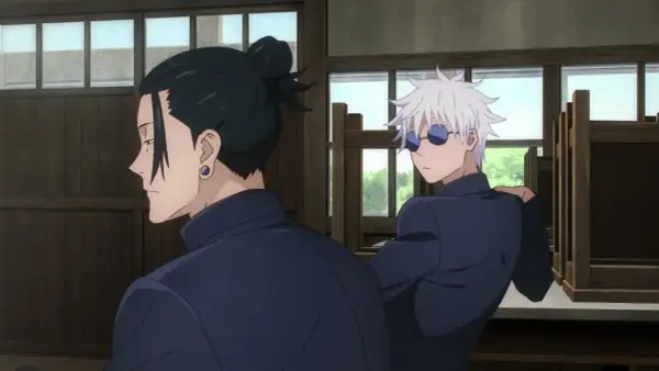 Zwei Freunde aus dem Jujutsu Kaisen Film, Suguru Geto und Satoru Gojo, sitzen in einem Raum.