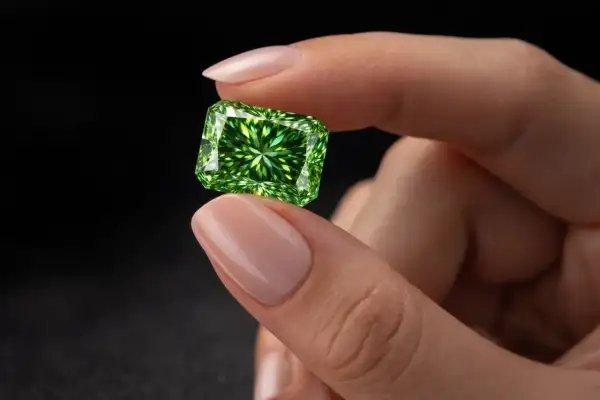 Palce delikatnie trzymają olśniewający zielony diament o szlifie prostokątnym.