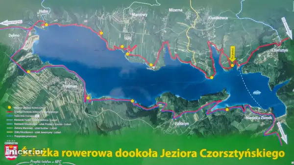 Mapa szlaków rowerowych wokół Jeziora Czorsztyńskiego, z zaznaczoną trasą Velo Dunajec i punktami obsługi rowerzystów. Idealna do planowania wycieczki velo Czorsztyn GPX.