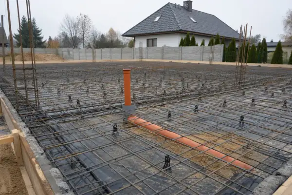 Zbrojenie i rury kanalizacyjne na poziomie zero budynku. W tle dom i ogrodzenie.