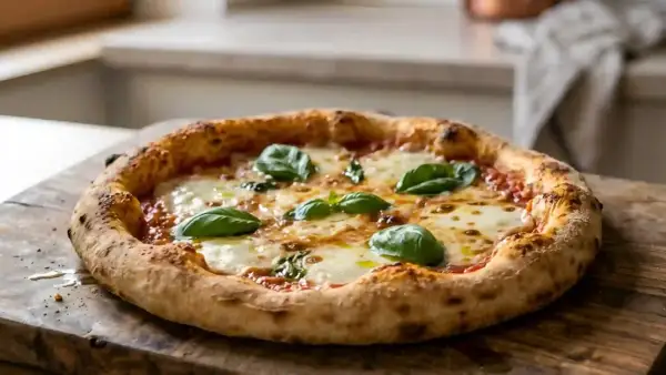 Pizza Margherita parfaite, avec une croûte dorée et moelleuse, idéale pour votre recette pâte à pizza moelleuse.