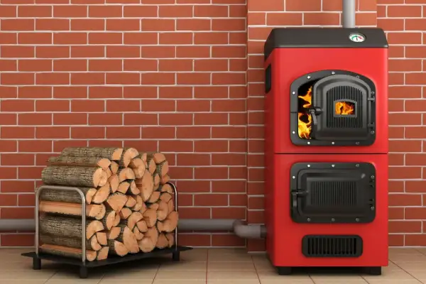 Stos drewna obok czerwonego pieca centralnego z płonącym ogniem. Idealne, jakie drewno do pieca centralnego?