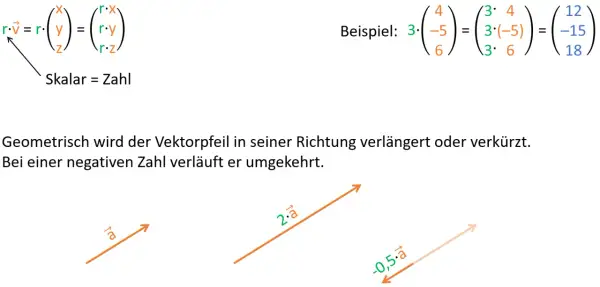 Skalare Multiplikation: Ein Vektor wird mit einer Zahl multipliziert, was seine Länge verändert. Beispiel: 3 mal ein Vektor.