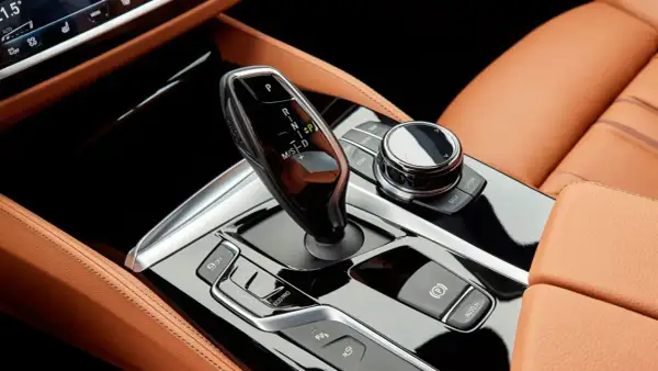 Palanca de cambio Steptronic BMW 8 velocidades en un interior de cuero marrón.