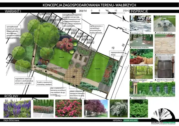 Koncepcja zagospodarowania terenu: projekt ogrodu z trawnikami, placem do gry w bule, warzywnikiem i inspiracjami.