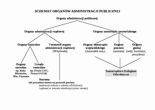 Schemat organów administracji publicznej, w tym podział na organy rządowe i samorządowe, z uwzględnieniem organów na szczeblu województwa, powiatu i gminy.