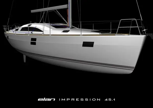 Il bianco scafo dell'elan impression 45.1, con linee grigie, si staglia su sfondo nero.