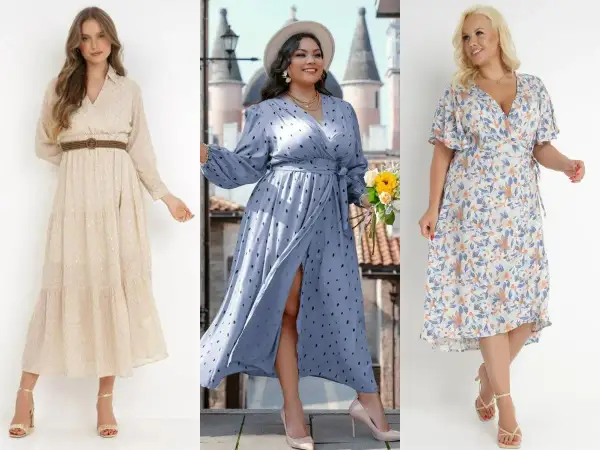 Eleganckie suknie na wesele plus size: beżowa, błękitna w grochy i kwiecista. Idealne na letnie uroczystości.