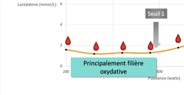Courbe de lactatémie en fonction de la puissance. Le texte indique "Principalement filière oxydative", suggérant une faible production d'acide lactique.