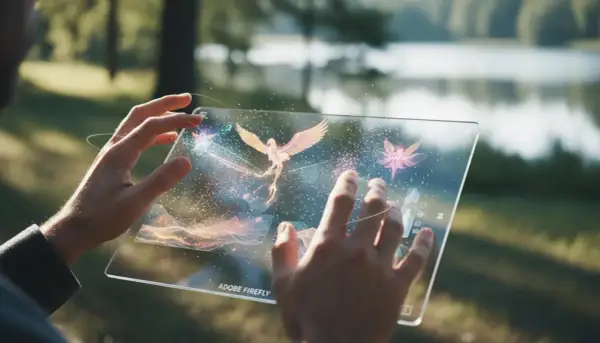 Dłonie trzymają przezroczysty tablet z animowanymi stworzeniami, jakby wyczarowanymi przez **Adobe Firefly**. W tle jezioro i drzewa.