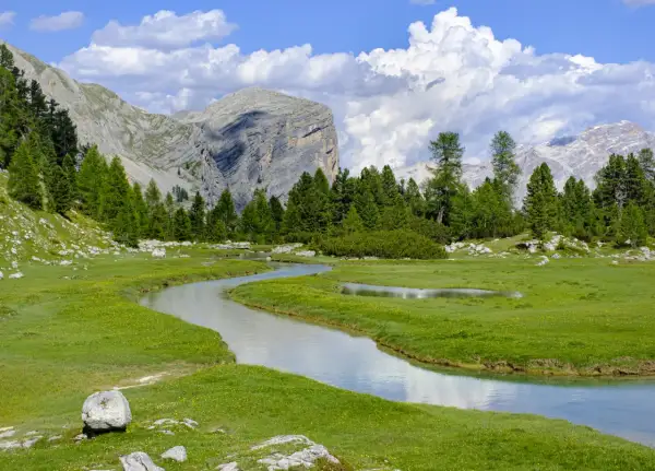Un ruscello serpeggia tra prati verdi e fiori gialli, con imponenti montagne sullo sfondo. Un paesaggio da cartolina, tipico delle località di montagna famose.