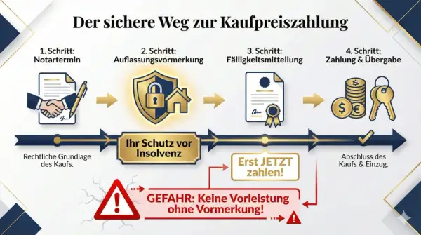 Der sichere Weg zur Kaufpreiszahlung: Notartermin, Auflassungsvormerkung, Fälligkeitsmitteilung, Zahlung & Übergabe. Ihr Schutz vor Insolvenz bei Immobilienkaufvertragsentwurf.