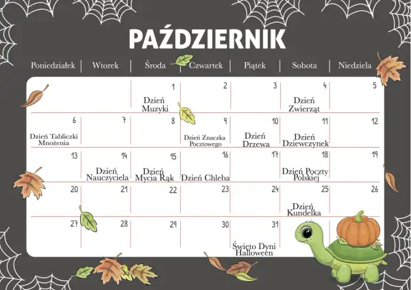 Kalendarz na październik z zaznaczonymi świętami, np. Dzień Nauczyciela, Dzień Kundelka i Święto Dyni Halloween.