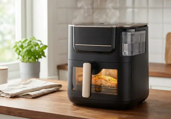 Nowoczesny air fryer z widocznym w środku łososiem, idealny do zdrowego gotowania. Sprawdź nasz ranking air fryer!